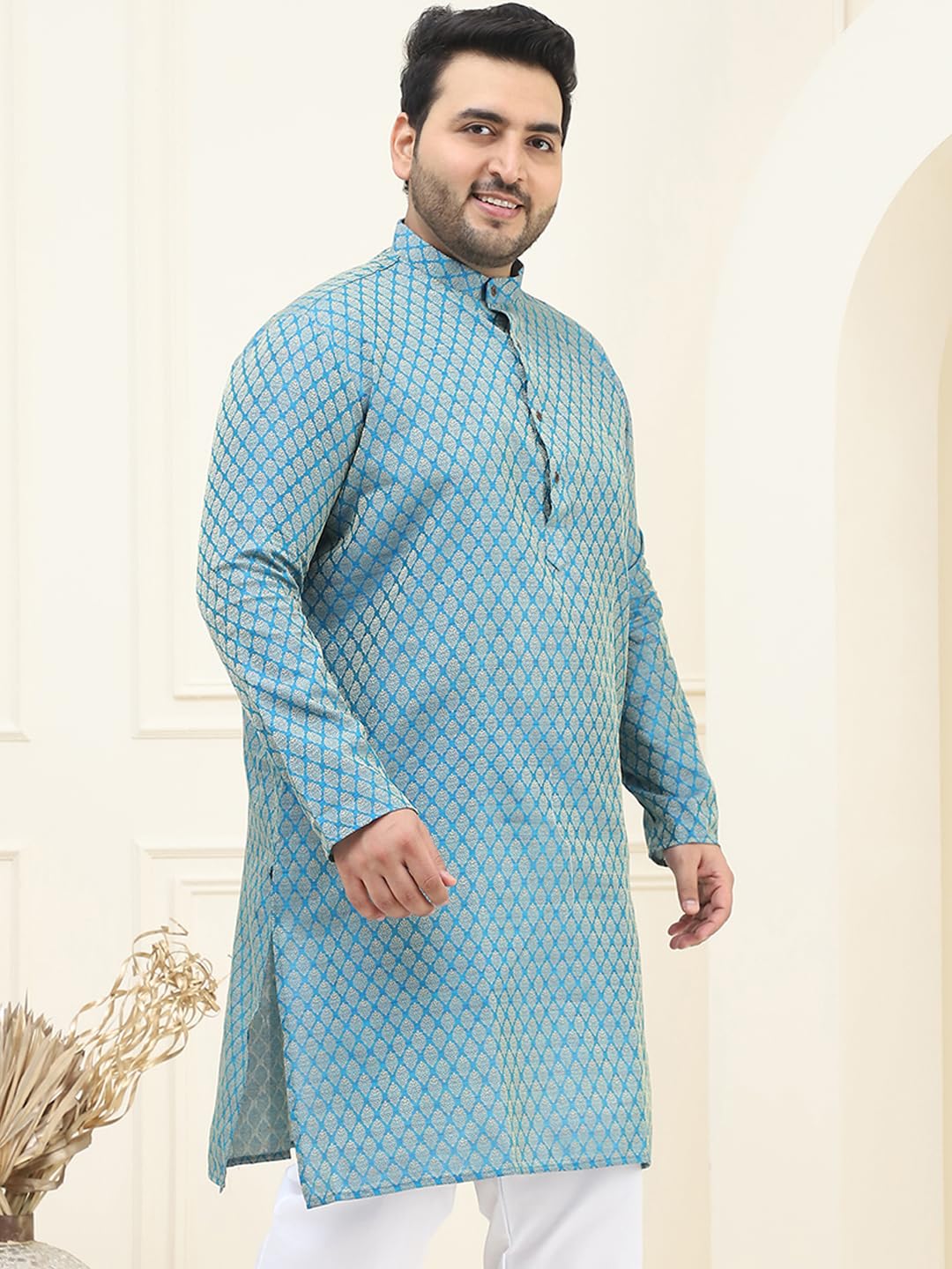 Sojanya Plus (Since 1958) Men's Silk Blend Peacock Blue Self Design Only Long Kurta