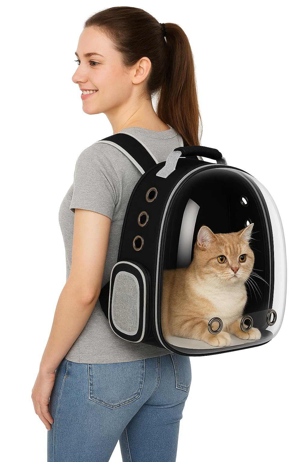 Backpack Carrier for Small Pets, Transparent Capsule, Multiple Ventilation, Ergonomic Design, Black