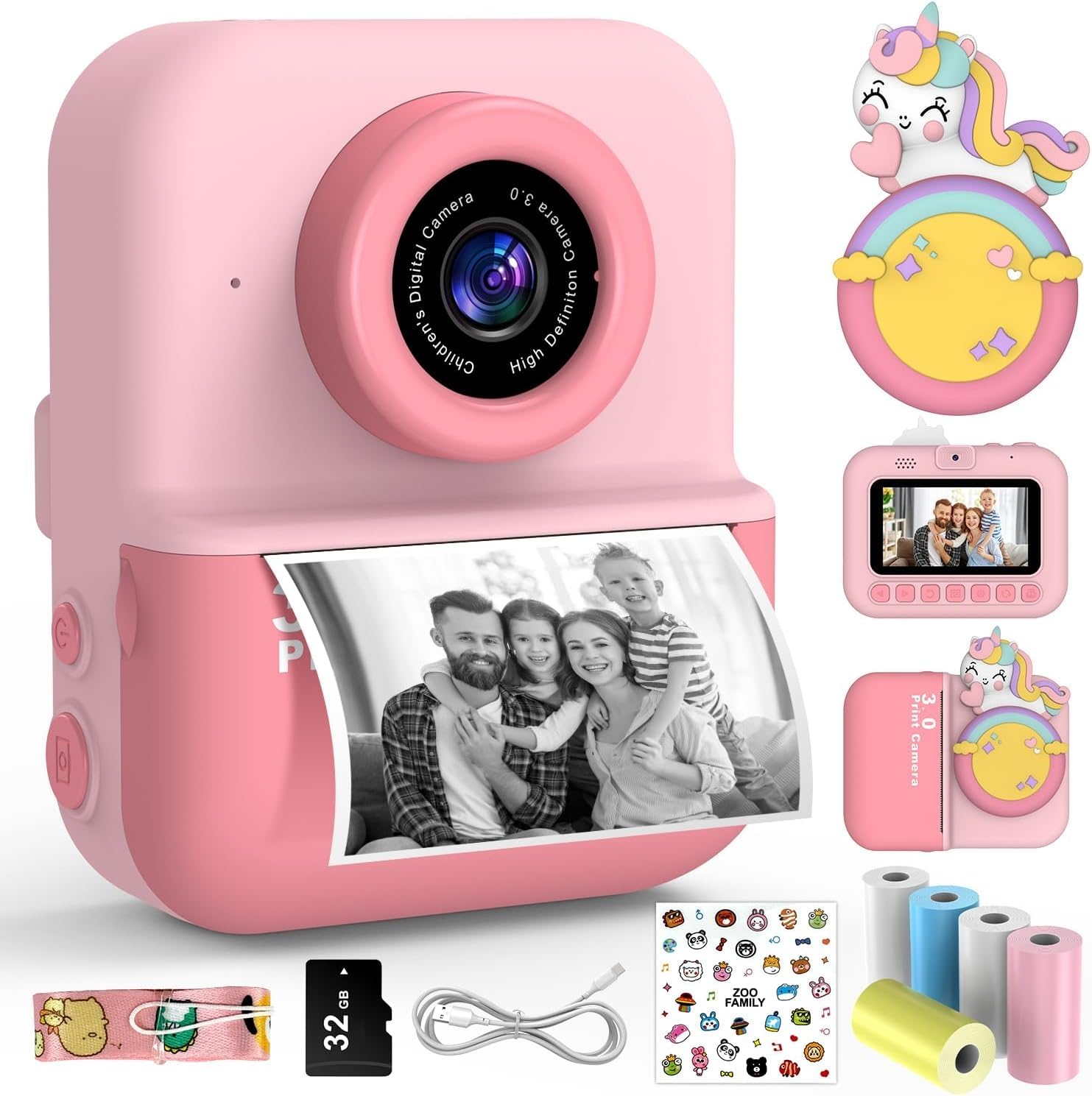 Subtail Fotocamera istantanea per bambini, 1080P, fotocamera istantanea per bambini, fotocamera digitale per selfie con 32 GB, giocattolo di compleanno a partire da 3, 4, 5, 6, 8, 7, 9, 10, 11 anni