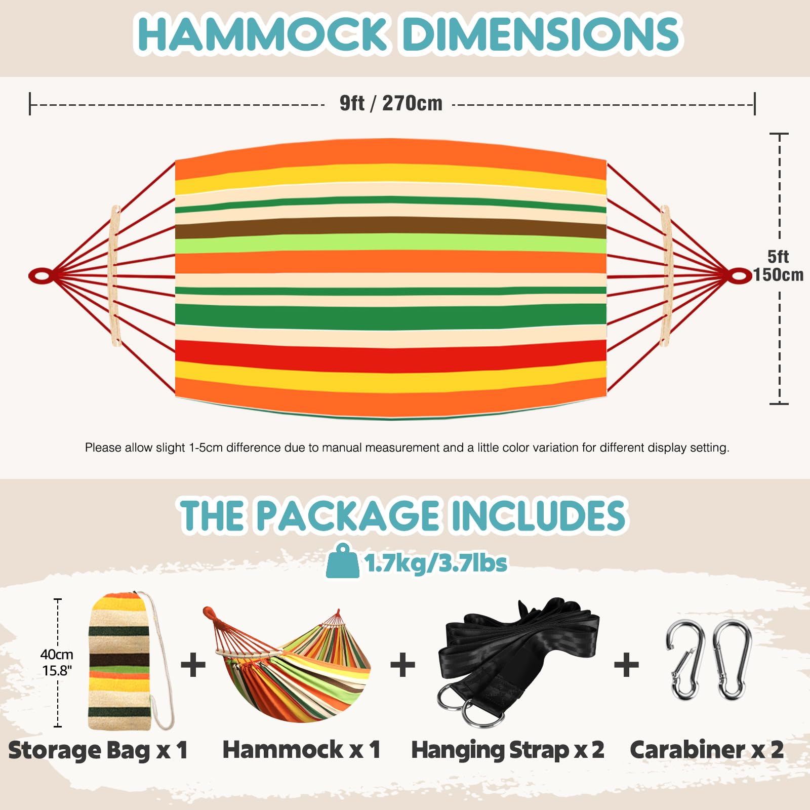 Anyoo Hamaca de Algodón para Jardín con Barra de Madera Curvada de 40 cm Hamaca Cómoda Portátil con Bolsa de Viaje Compacta, Patio Interior/Exterior