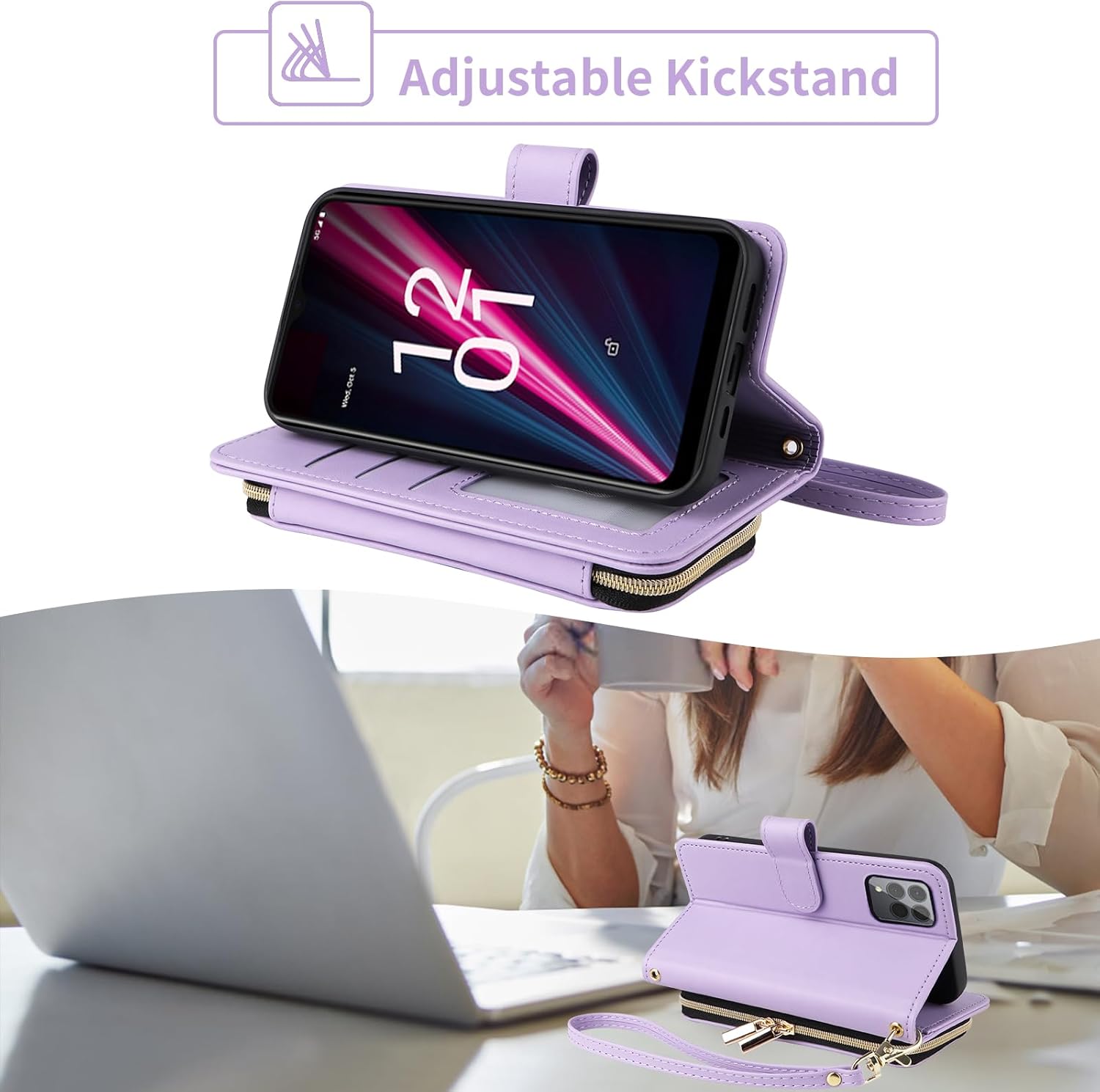 Argyle Wallet Case for T-Mobile Revvl 6 Pro/6X Pro 5G with Wrist Strap Shoulder Strap, 9+ Card Slots Zipper Purse Stand Phone Cover for Tmobile Revel X Tmo Revell T Mobile Rebel TCL Purple