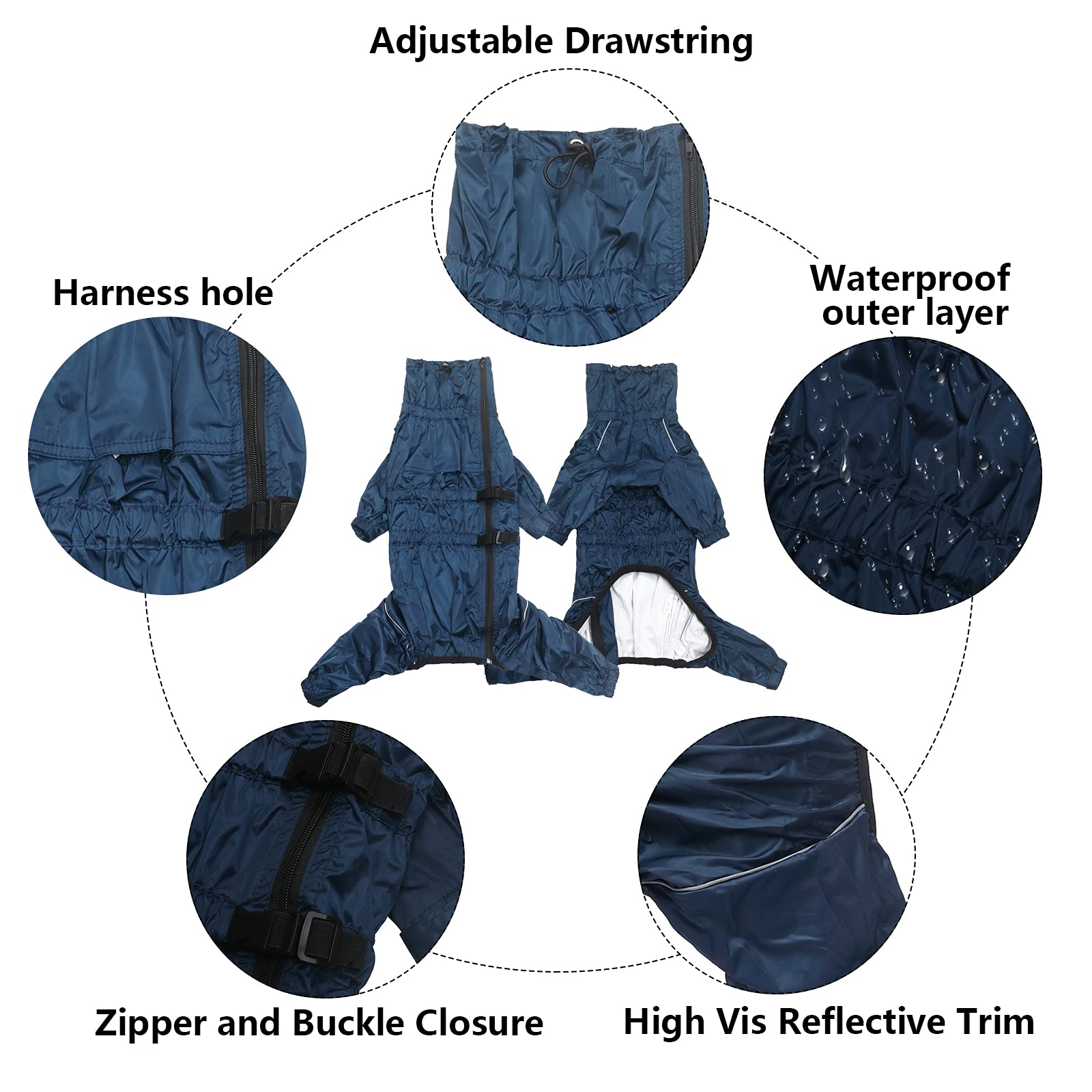 MOREZI Chubasquero para Perros de Cuatro Patas, Impermeable y Transpirable, diseño de Cremallera Trasera, con cordón Ajustable, fácil de Poner y Quitar-Azul Navy-XXL