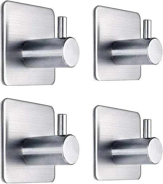 Adhesive Hooks Heavy Duty Wall Hooks Waterproof Stainless Steel Hanger for Hanging Coat, Hat,Towel Robe Hook Rack Wall Mount- Bathroom and Bedroom 4-Packs