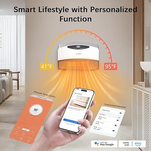 Miniatura 6 de GiveBest - Calentador de pared eléctrico de 1500 W para uso en interiores, termostato ajustable, control remoto, compatible con Alexa, temporizador