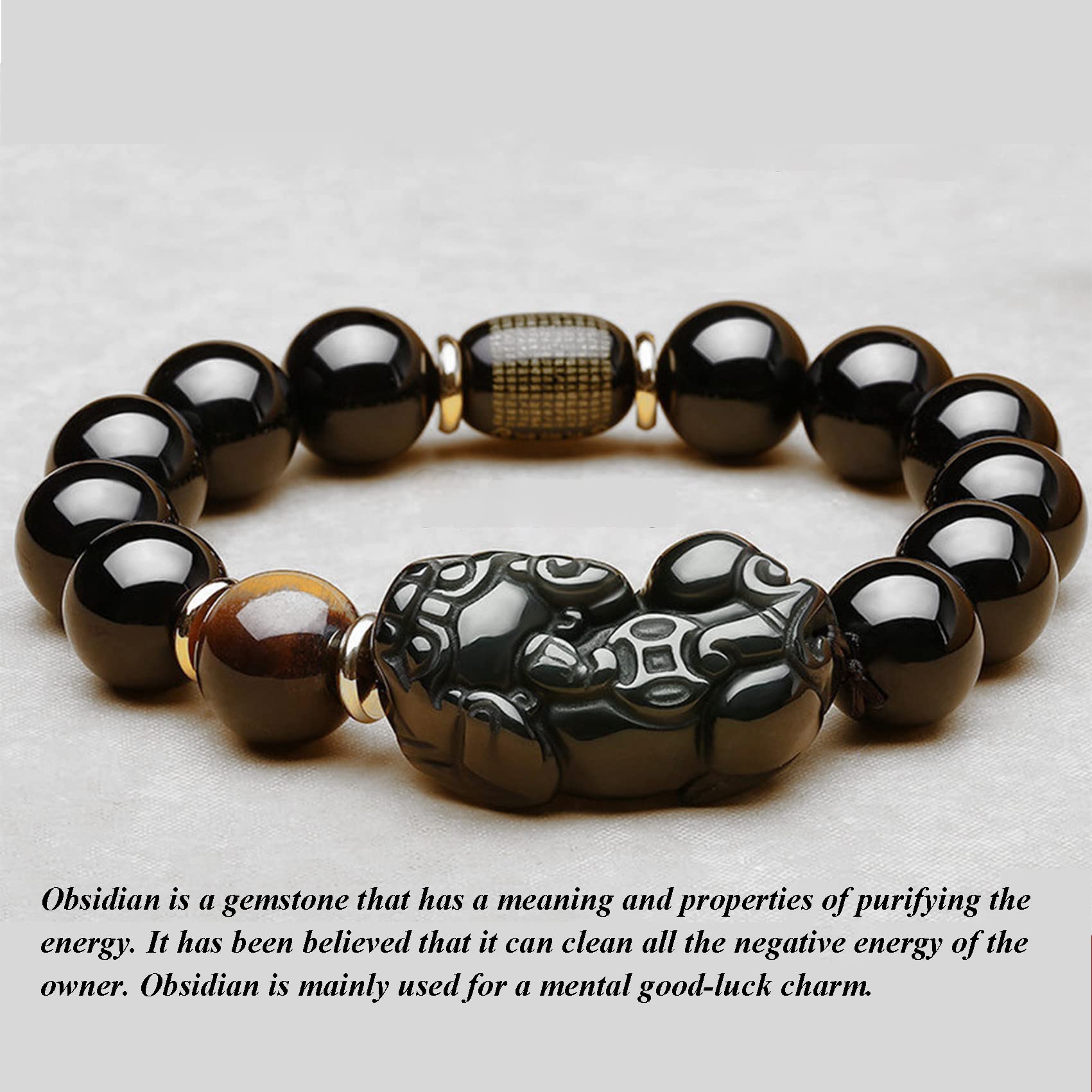 YDYDTTKD Schwarzes Obsidian-Armband, Pi Yao-Reichtumsarmband, Tigerauge-Stein, Reiki-Kristall, spirituelles Chakra-Amulett, verstellbares Armband zur Abwehr des Bösen, Stil B, 16 mm
