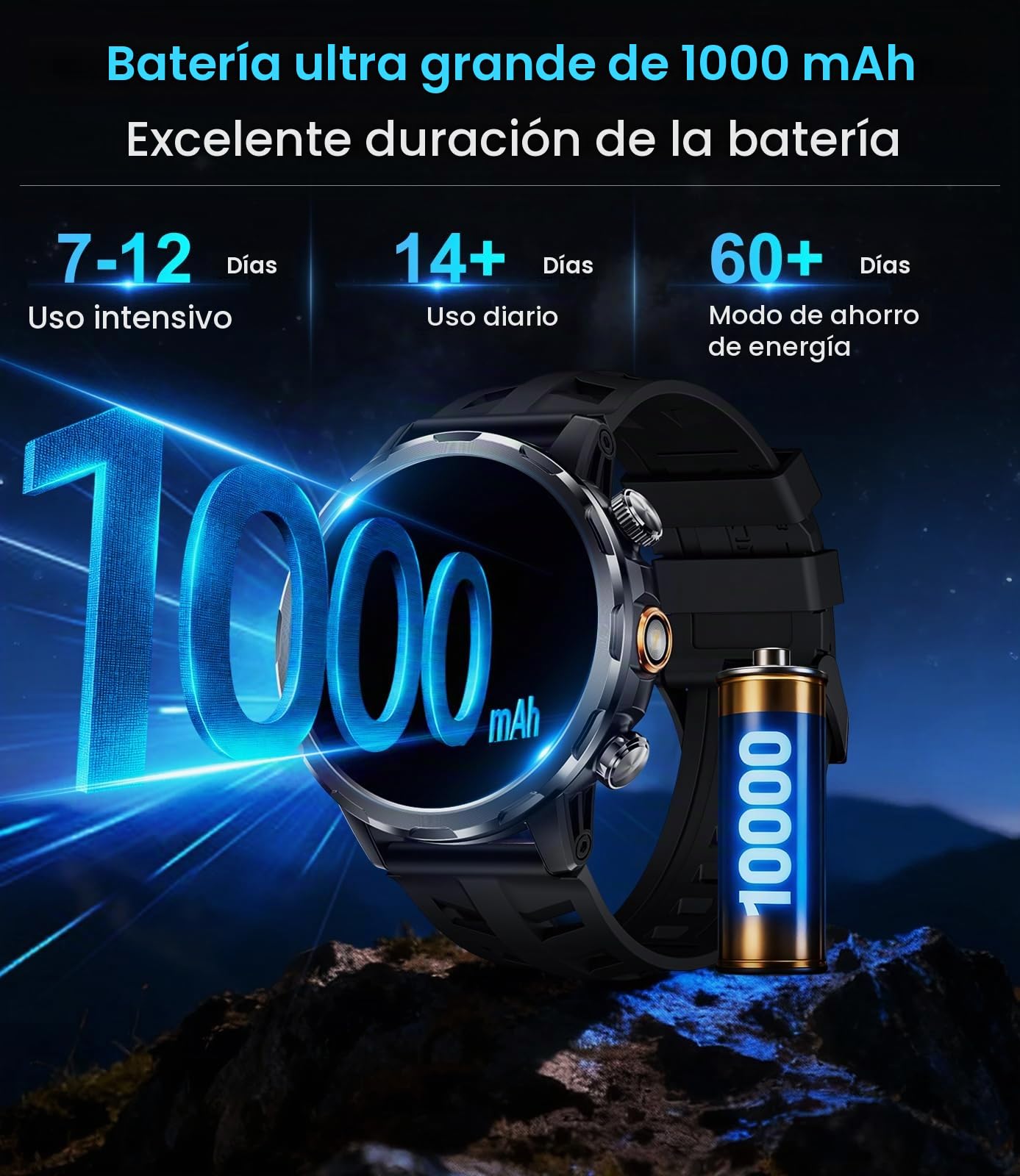Militar Reloj Inteligente Hombre con 1000mAh/Linterna/1.7'' HD Grande Smartwatch Hombre con Llamadas/Doble Carga/IP68 Impermeable/100+ Modos Deportivos/Pulsómetro/Sueño/Pulsera Actividad Android iOS