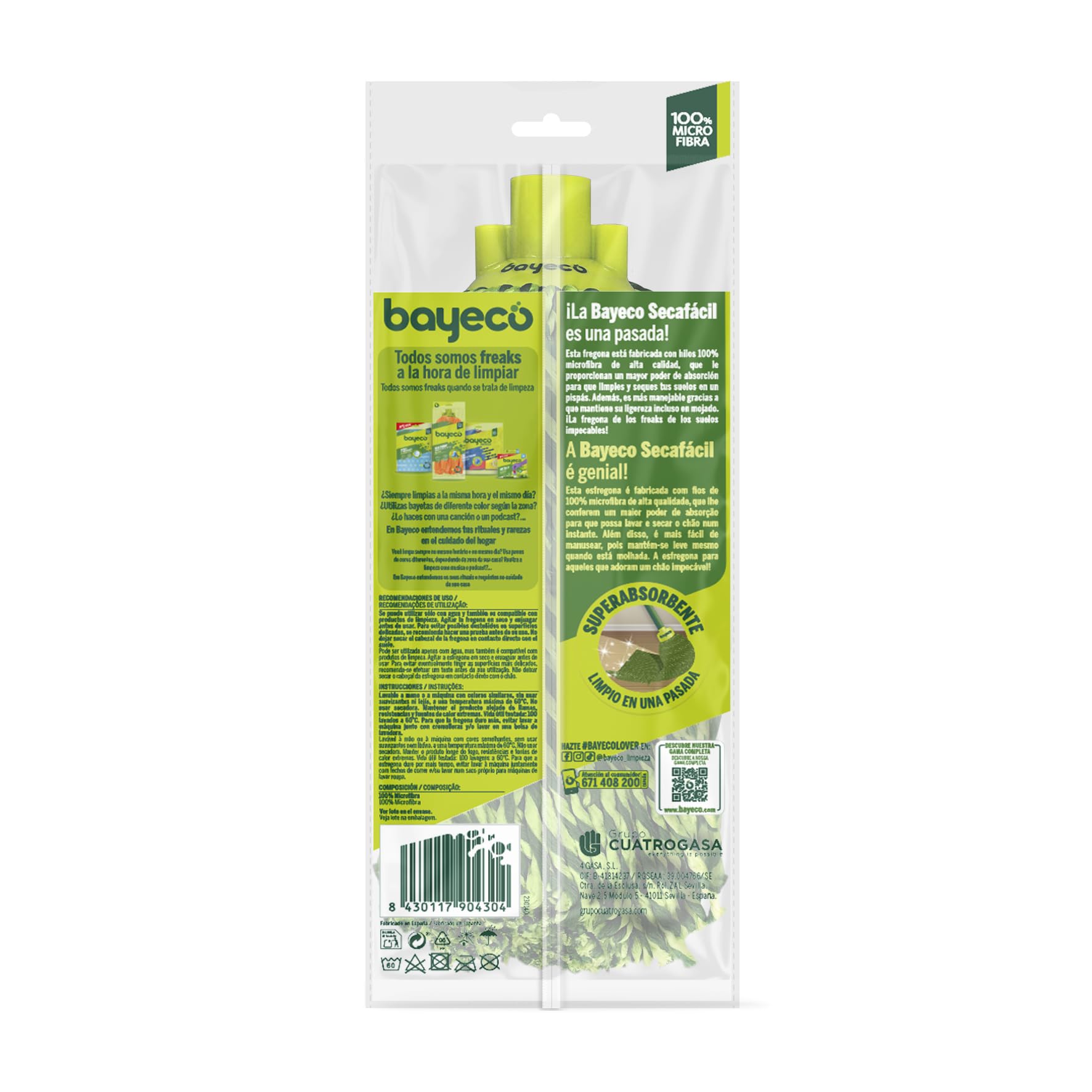 Bayeco Fregona Secafácil Hilos 100% Microfibra Absorción Limpieza Superior Ligera Mojada Resistencia Durabilidad Verde