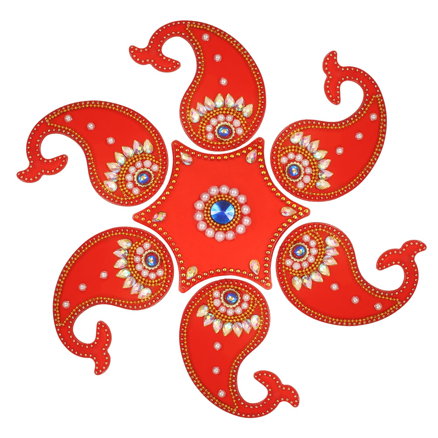 Handmade Red Dolphin Acrylic Diwali Rangoli with Laxmi Charan Pagla | Floor Decorations Table Decoration Studded Stones Sequins Traditional Festive Home Door Décor | Floor Wall Stickers