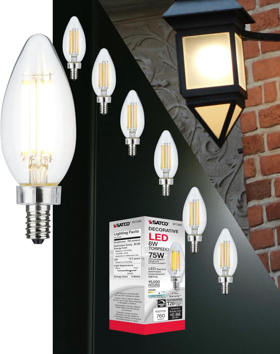 Satco 8W LED C11 Candle Light Bulb 4000K Cool White 760 Lumens Clear Finish E12 Candelabra Base Dimmable 300 Degree Beam Enclosed Fixture Rated 120V S11344 (6 Pack)