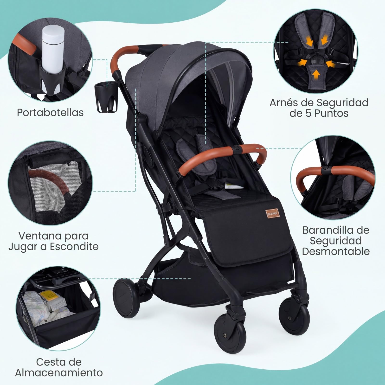 COSTWAY Silla de Paseo Plegable para Bebés, Cochecito Infantil Ligero con Respaldo, Capota y Reposapiés Ajustables, Cubierta para Lluvia,Saco para Pies y Cesta,Carrito para Niños de 0-36 Meses (Gris)