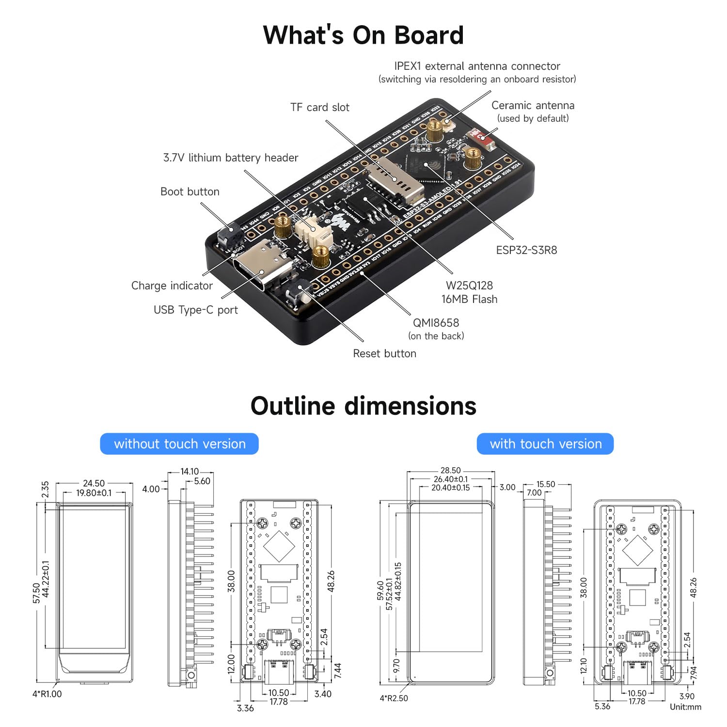 Waveshare ESP32-S3 1.91inch AMOLED Display Development Board, 240×536, 32-bit LX7 Dual-core Processor, Up to 240MHz Frequency, with Touch Function, with Pre-Solder Header