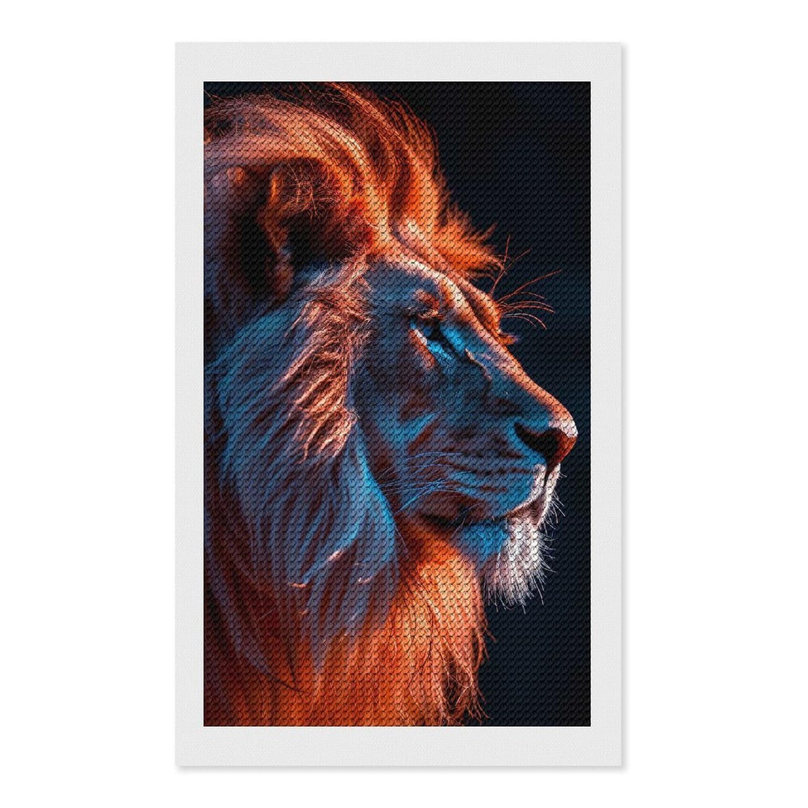 Junmoney Lion Portrait with Orange and Blue Lighting Diamond Painting Set 12"x20", Modern Decor, for Beginners, Printed Canvas, Thoughtful Handmade Gift, with Tool Kit