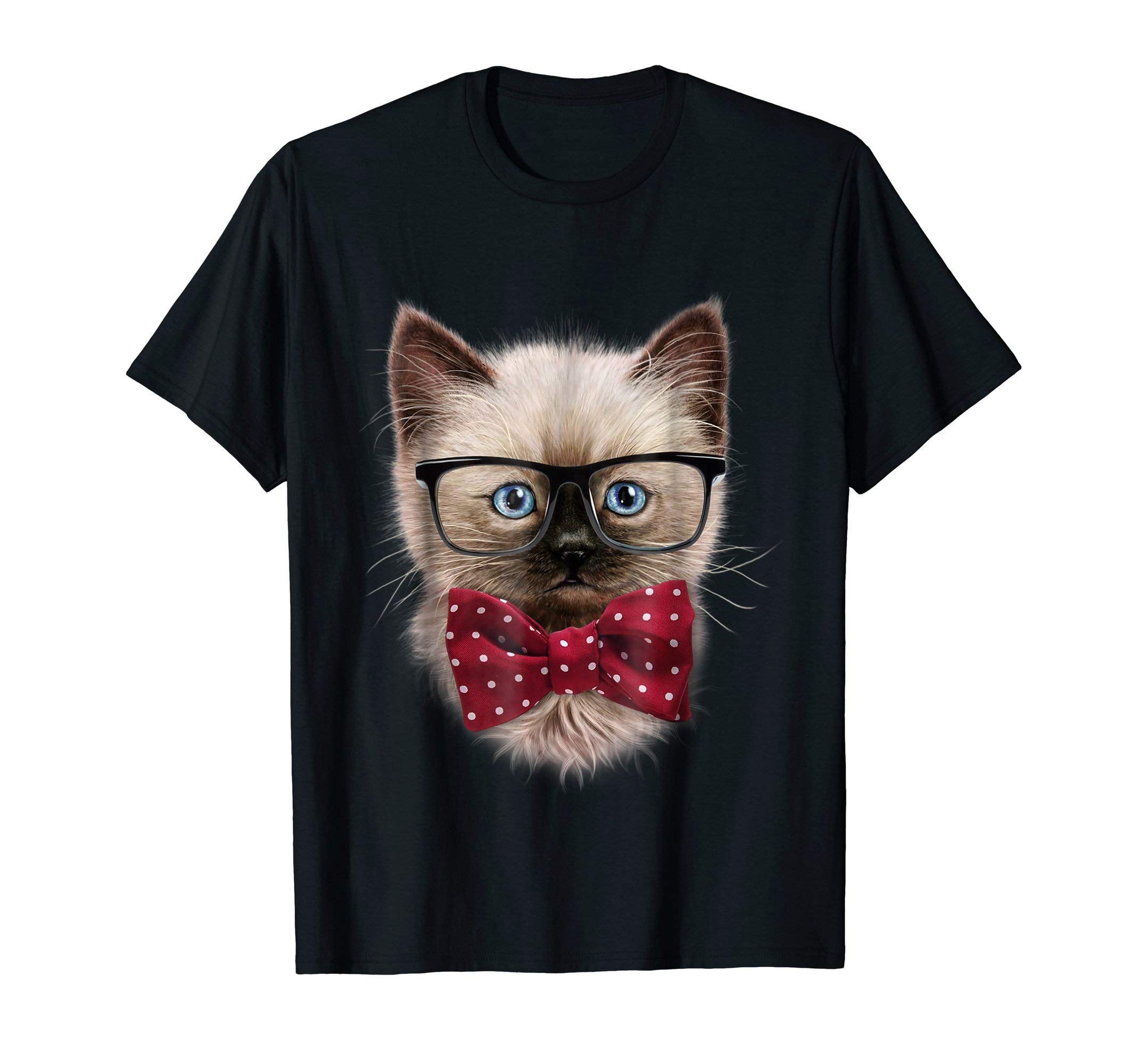 T-Shirt, Smart Looking Siamese Cat, Nerd Eyeglass, Bow Tie