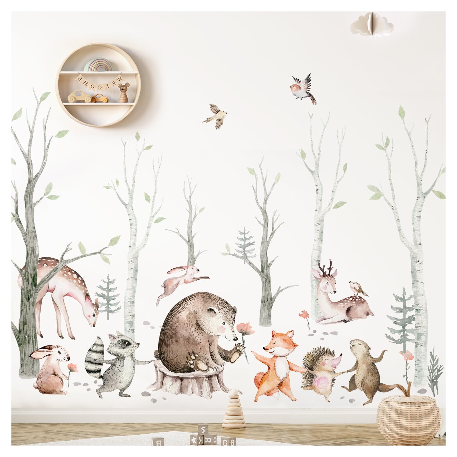 Wandsticker XXL Waldtiere mit Baum Wandtattoo für Babyzimmer Wandaufkleber Kinderzimmer Wanddeko DK1117-05