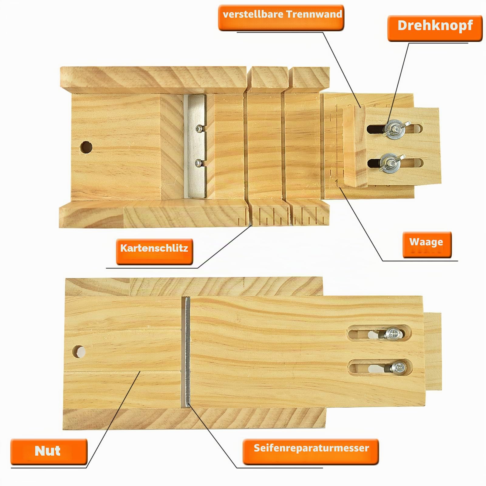 Artcome Schneideform-Set für Laibseife, multifunktional, verstellbar - Holzseifenform und rechteckiges Silikonform-Set mit gewelltem und geradem Edelstahlschneider