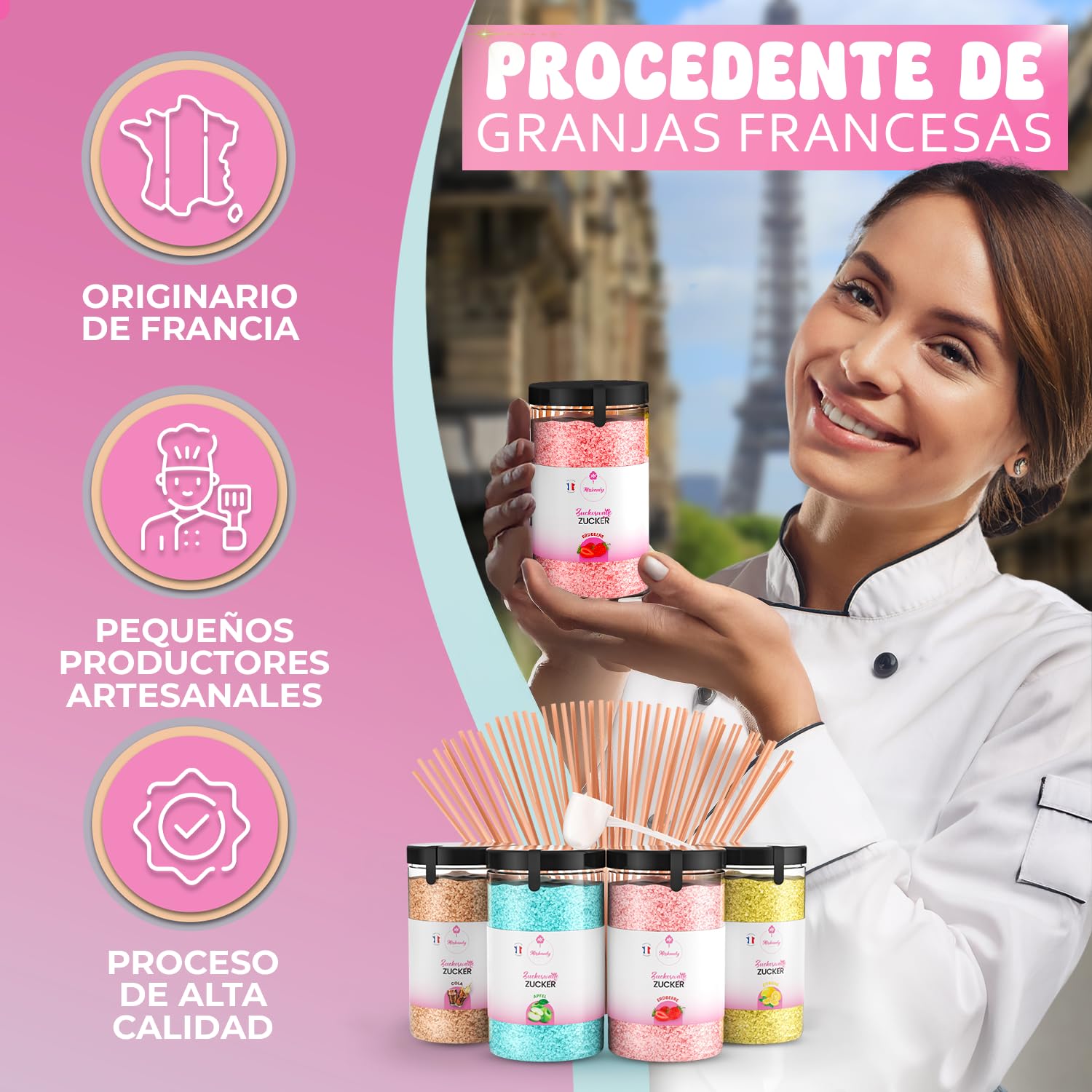 Misskandy® algodón de azúcar para máquina- Pack de 4 * 240Gr - (Sabores Naturales): Sabores: Fresa/Manzana/Cola/Limón + 50 palitos (gratis)