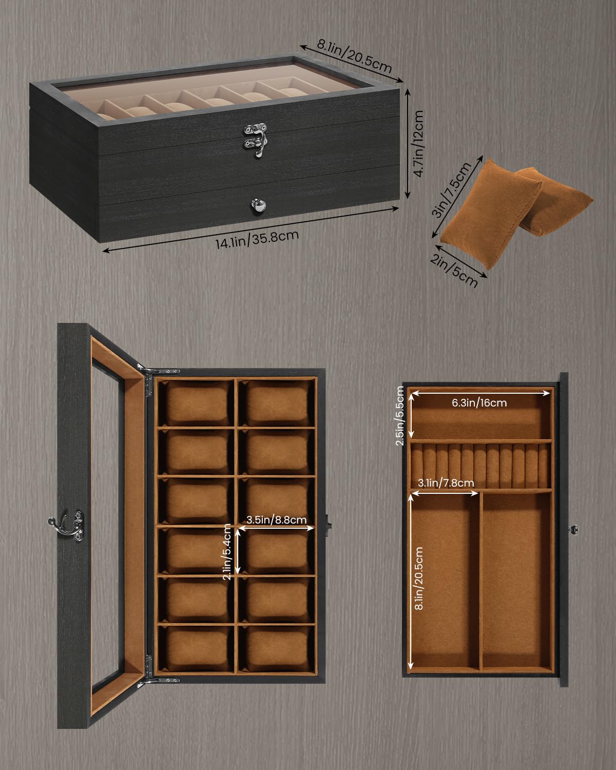 Uten Uhrenbox mit 12 Fächern, 2 Ebenen Uhrenkasten aus Massivholz mit Glasdeckel, Uhrenkissen Seidenbaumwolle, Schmuckaufbewahrung, Geschenkidee，Braunes Futter
