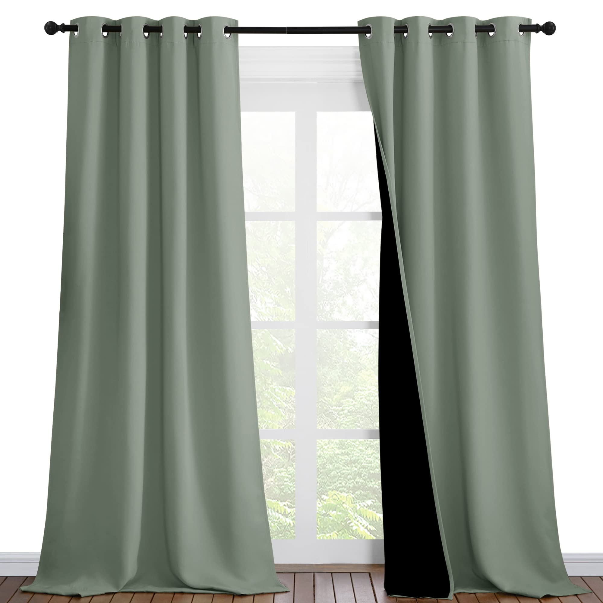 NICETOWN Greyish Green Blackout Curtains 90 inches Long, Full Light Blocking Drapes with Black Liner for Nursery, Thermal Insulated Draperies for Hall, Villa (2 Pieces, 46" Wide Each Panel)