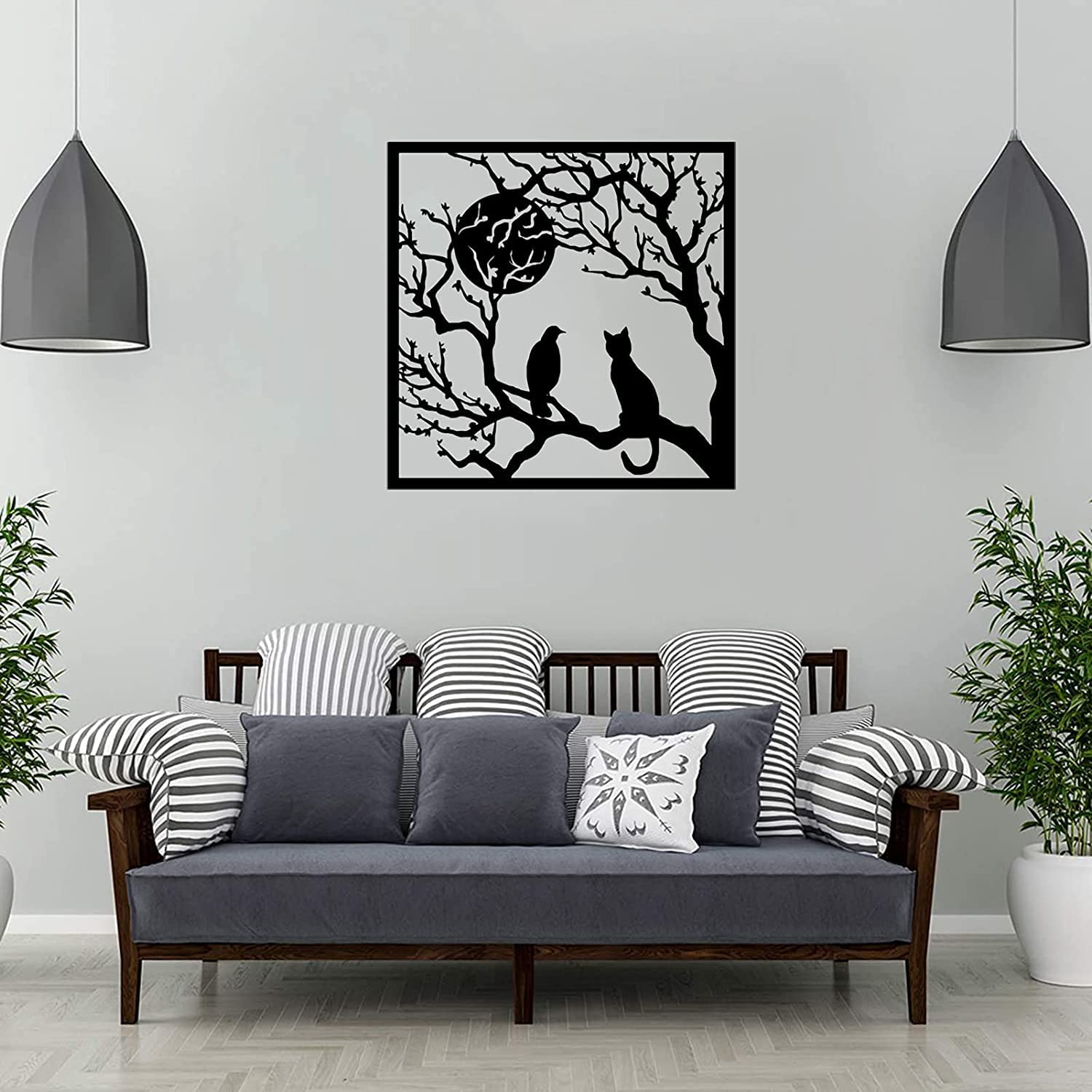 Metalen kattenwanddecoratie voor thuis, katten silhouet, vogel op een