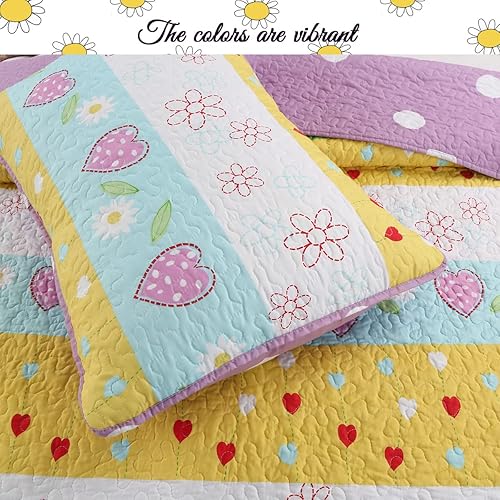 Miniatura 2 de Cozy Line Home Fashions Playful Girl Fun Heart Floral Kids Juego de ropa de cama reversible de poliéster a rayas de 3 piezas, multicolor, morado,