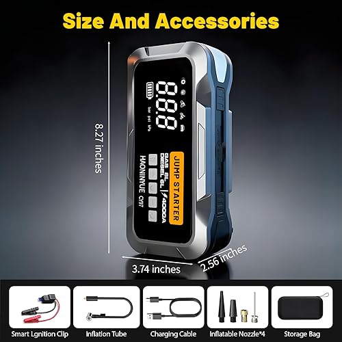 Miniatura 8 de Arrancador de salto de 4000 A con compresor de aire, batería portátil de 12000 mAh y 150 PSI, batería de caja de salto de 12 V (motor diésel de gas