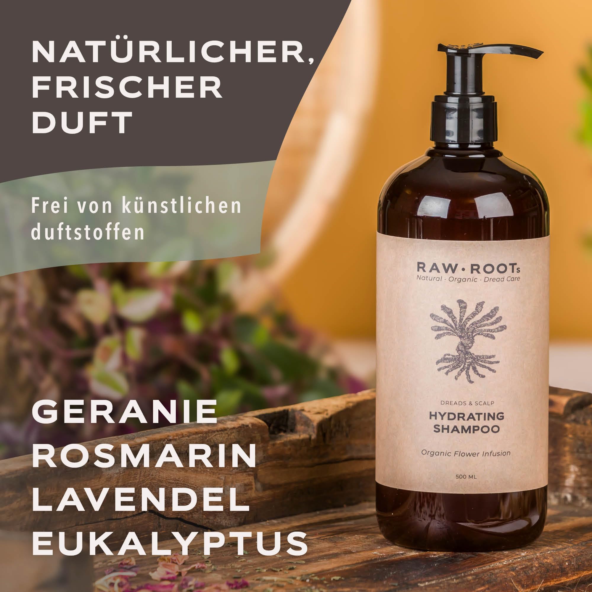RAW ROOTs Feuchtigkeitsspendendes Dreadlock-Shampoo, 500 ml, natürliches und rückstandsfreies Dreadlock-Shampoo, geeignet für alle Haartypen, mild, sulfatfrei und pH-ausgewogen – beruhigt juckende