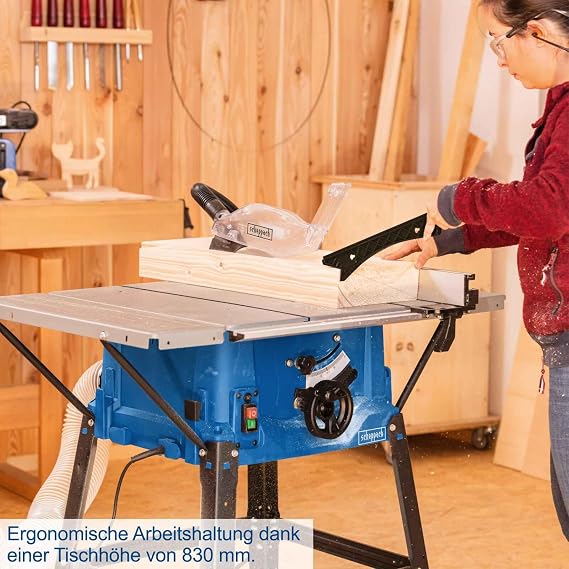 Scheppach HS100S bench type circular saw, 230 V, 2000 W, cutting height 85 mm, saw blade diameter 250 mm, including table expansions and subframe, expanded table size 642 x 940 mm, table