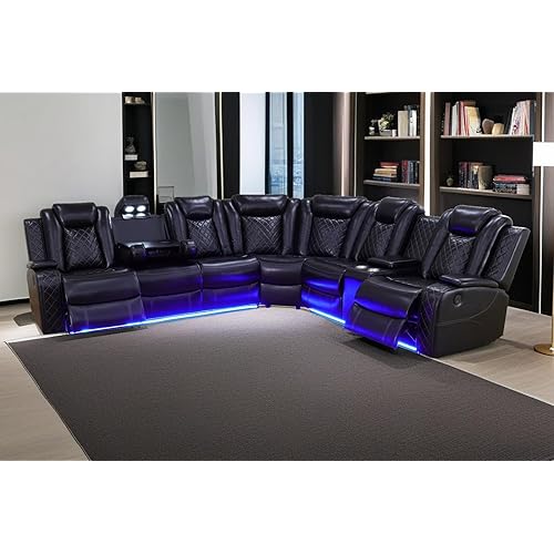 A Ainehome Living Room Set Sectional Couches for Living Room, Power Leather Reclining Corner Sectionals Sofa Couch Sets LED Electric Theater Recliners for Home(Black)