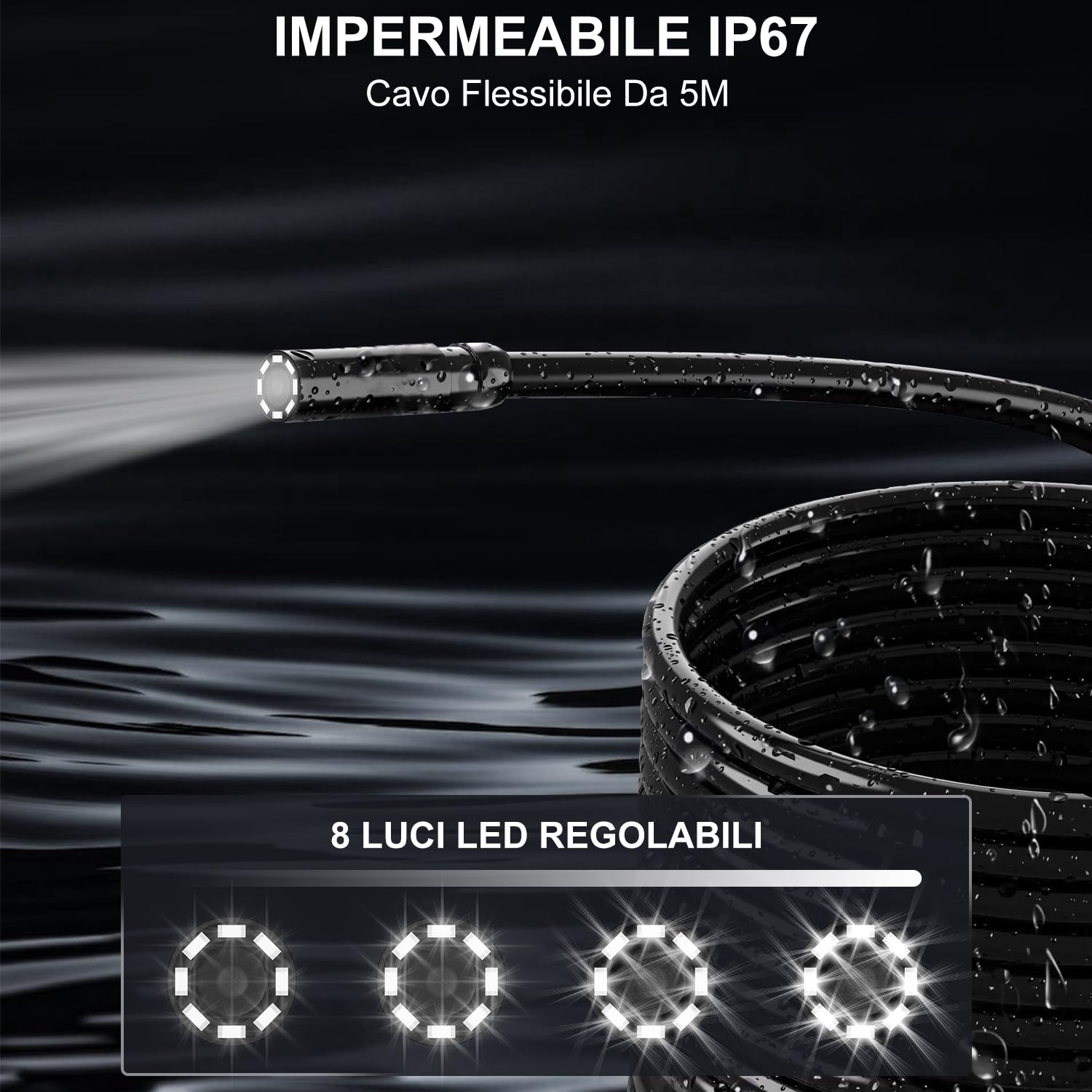 HANMATEK Endoscopio Industriale, Sonda con Telecamera Endoscopica 8mm, Schermo TFT 4.3''1080P, Cavo 5m Impermeabile IP67, 8 LED Regolabili, Ricarica USB-C, Rotazione 180° - IE01
