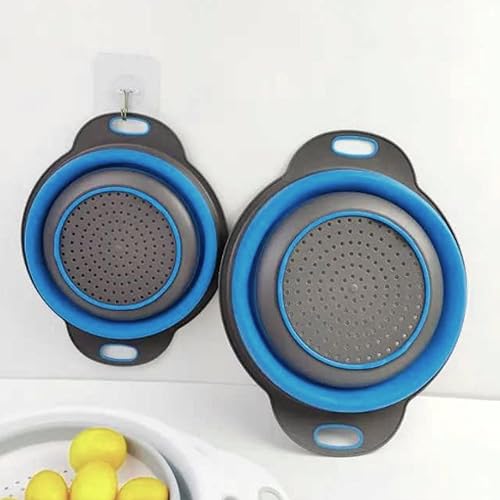 Miniatura 5 de Colador redondo de silicona azul plegable  Colador de cocina plegable pequeño colador plegable azul con asas de plástico para drenar verduras y