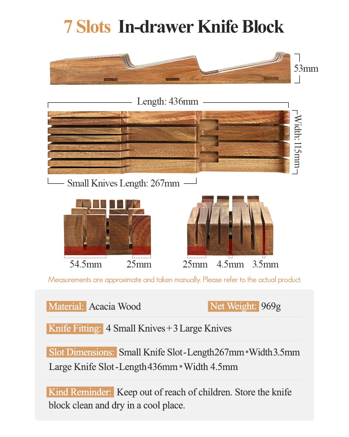 XINZUO Madera de Acacia de Bloque Portacuchillos para Cajones 43,6x11,5x5,3cm Reposacuchillos -Organizador de Cuchillos para Cajón para 3 Cuchillos Largos+4 Cortos (Sin Cuchillos)-Con Caja de Regalo