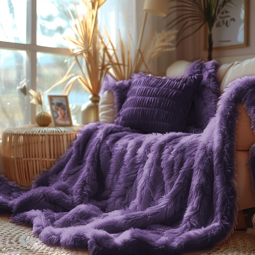 Hyde Lane Purple Fuzzy Throw Blanket, 2 Way Reversible Ultra Soft Long Faux Fur Throws, Shaggy Cozy Fluffy Blankets for Couch Sofa Home Decor, 60x80 - Image 3