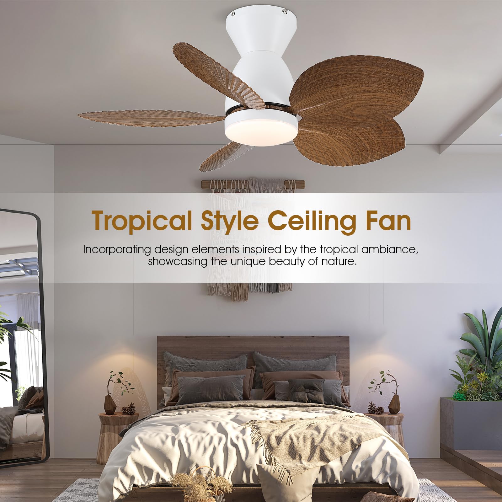 Kviflon 30 Inch Ceiling Fans with Lights and Remote/APP Control, Indoor Outdoor Low Profile Tropical Ceiling Fan for Bedroom Kitchen, Flush Mount, 5 Palm Leaf Blades, 6 Speeds, Dimmable