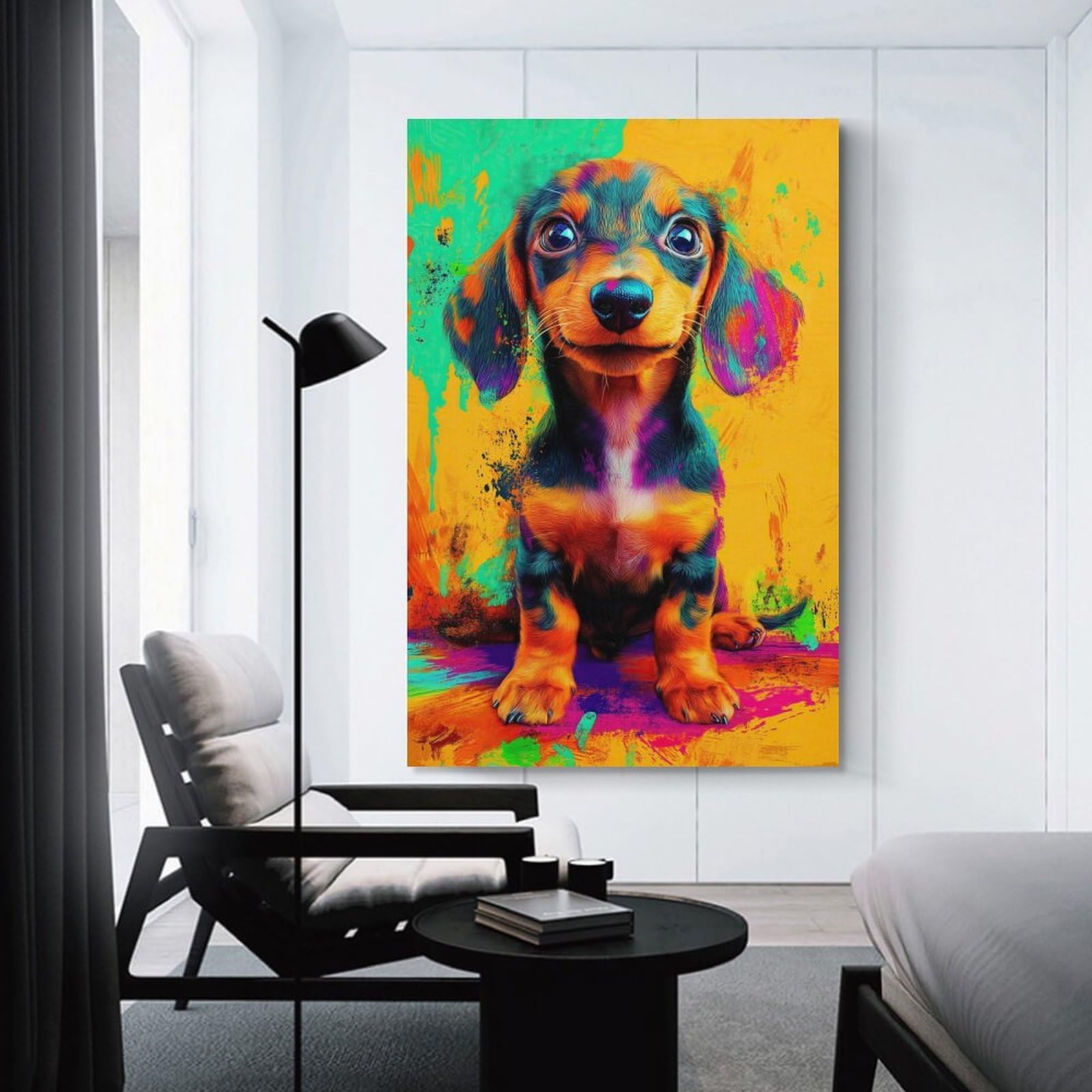 Junmoney Colorful Dachshund Puppy Hanging Wall Art 08x12inch(20x30cm), for Small Homes, Bedrooms Or Open Spaces, Decorative Canvas Decor for Home Updates
