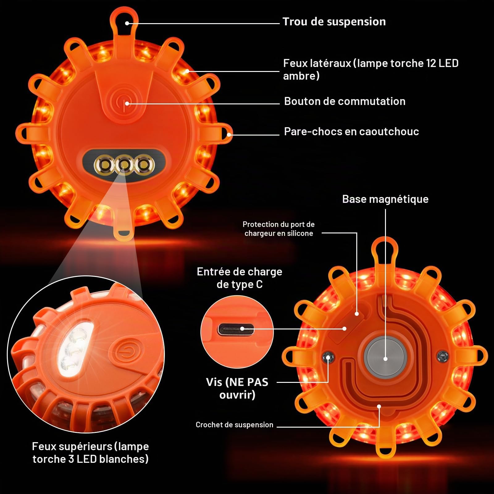 Gyrophare LED,Clignotant Routier LED,Indicateur de disque d'urgence rechargeable USB avec 9 modes de clignotement,câble de charge 2 en 1 et chargeur camion clignotant lumière d'avertissement (4)