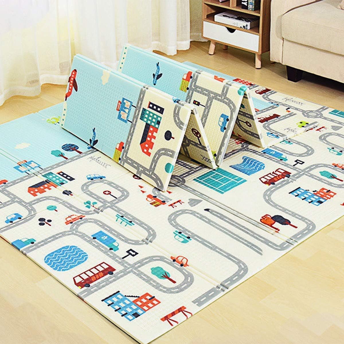 Bumtum Baby Play Mat | Waterproof Portable Double Side Soft Reversible Non Toxic BPA Free Learning & Crawling Foldable Foam for Toddler, Infant & Kids (5.9x4.9 ft, 1cm) City Road Print