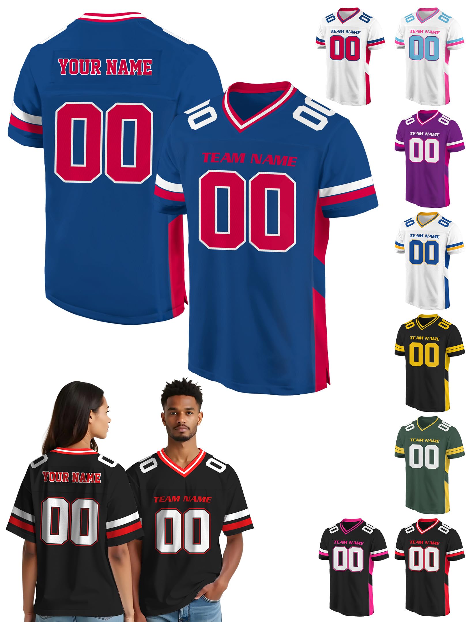 Custom Football Jersey - Personalized Name, Number & Logo, Customized Blue & Red Sports Jersey for Men, Women, Youth, Toddlers