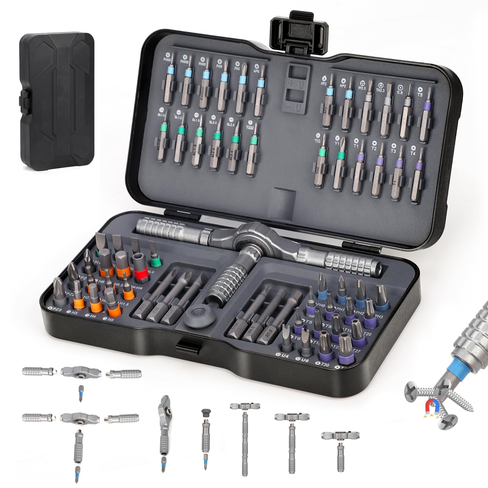 66 in 1 Magnetic Screwdriver Set, Ratchet Screwdriver Set, DIY Combination Flexible Shaft, Magnetic S2 Steel Bits, Detachable T Ratchet Handle, for Furniture, Electrical Appliance Repair