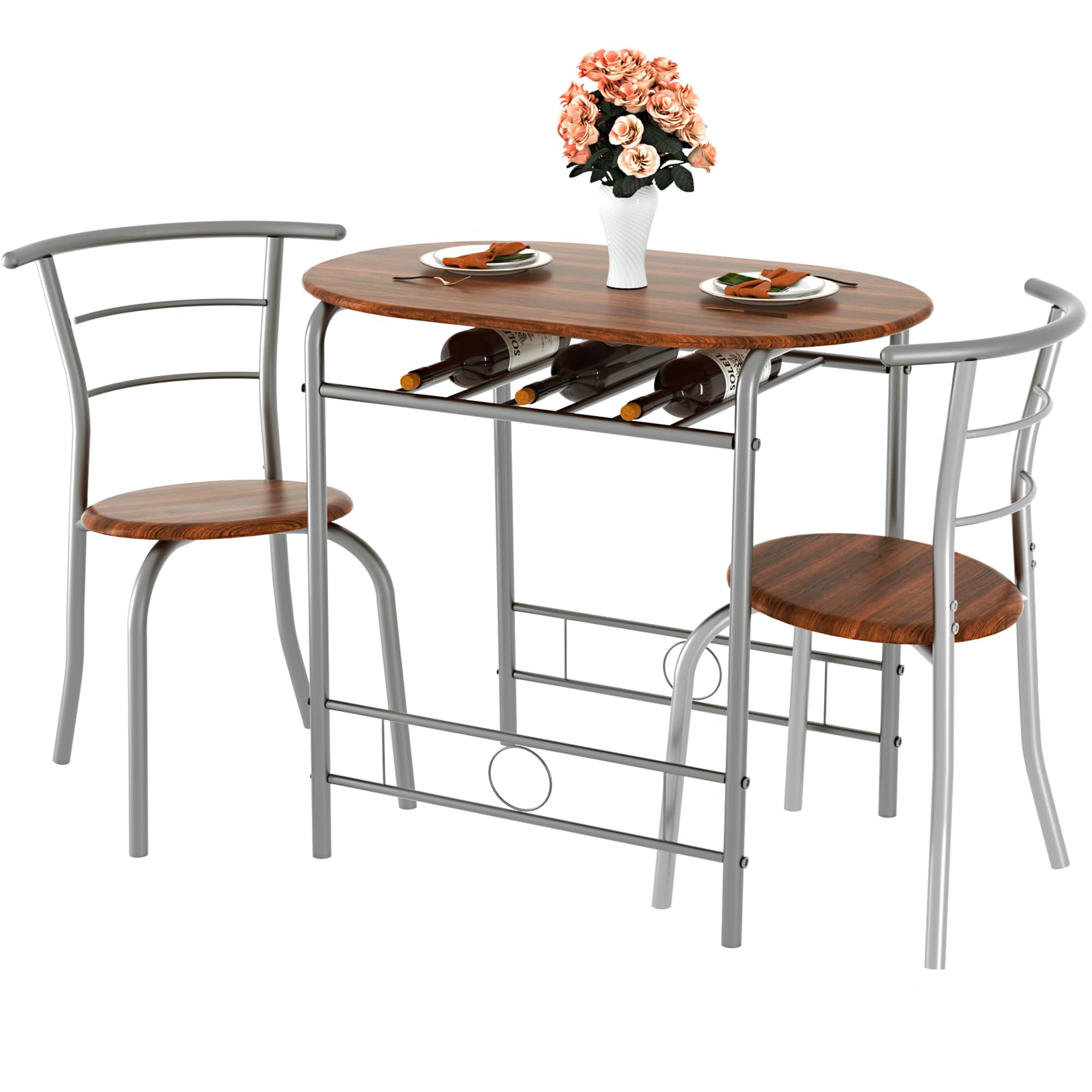VECELO 3 Piece Small Round Dining Table Set for Kitchen Breakfast Nook, Wood Grain Tabletop with Wine Storage Rack, Save Space, Brown &amp; Silver