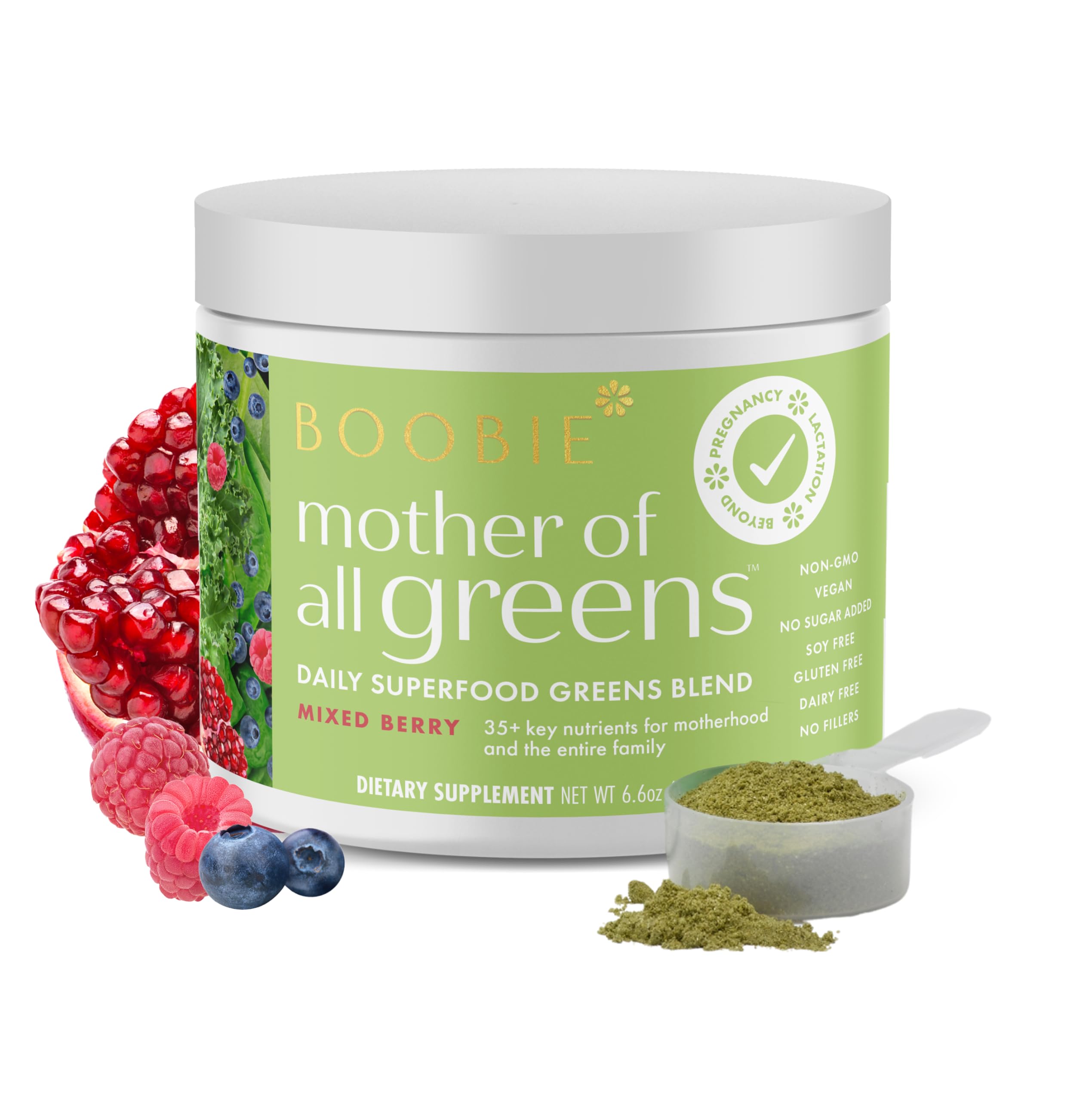 Boobie Mother of All Greens | Your New Family Ritual, Daily Super Greens Powder with 35+ Essential Nutrients for Moms & Families | Vegan, Gluten Free, & Sugar Free | Mixed Berry Flavor, 30 svgs