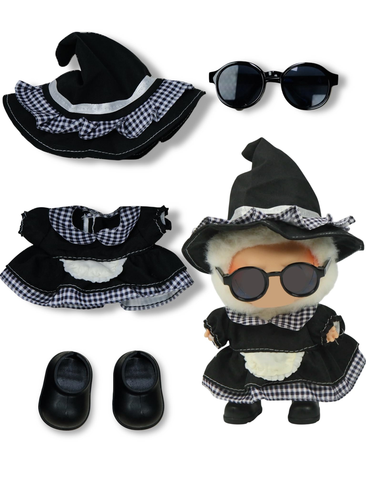 MOFABIA Clothes for 17cm Doll, 4 Pcs Set Doll's Outfits Luxury Clothes Halloween Witch Hat Maid Dress Glasses Shoes and Accessories, Stylish Adorable