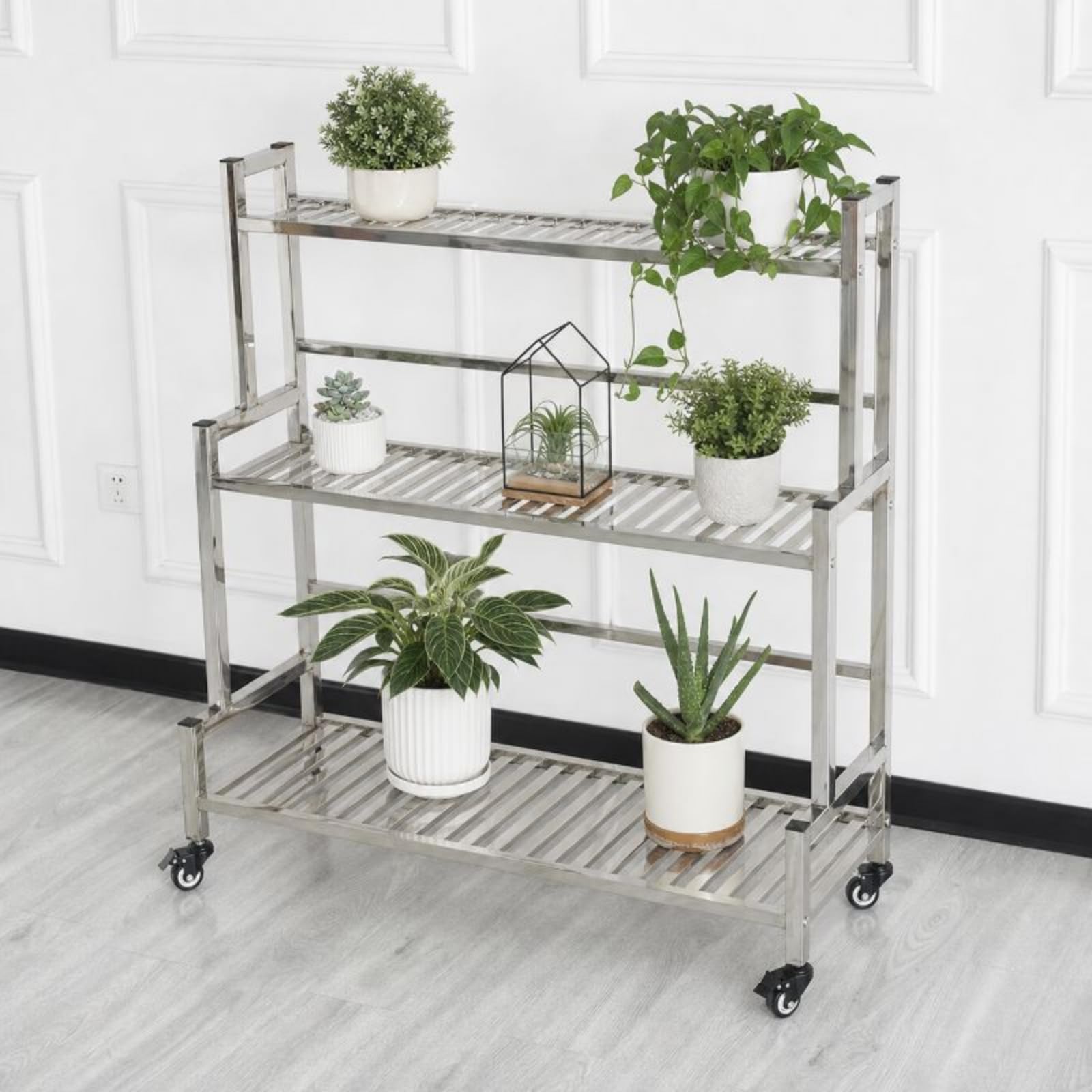 1 Porta Piante in Acciaio Inox Portavasi Scaffale Fioriera con Ruote a Doppio Ripiano Struttura Robusta Portata Elevata Uso Interno Esterno Adatto a , Lungo 100cm , Due Strati Con Ruote