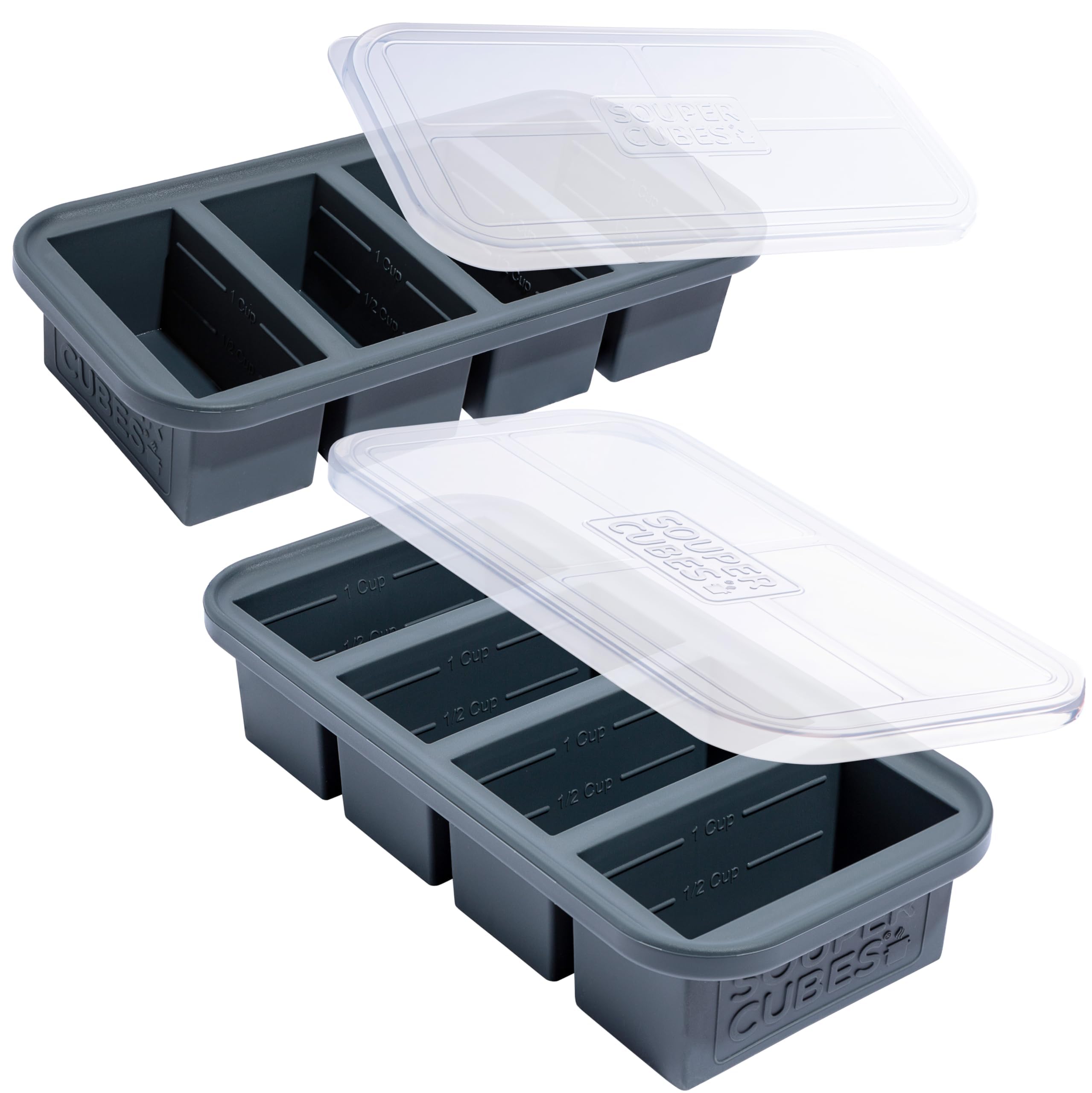 Souper Cubes 1-Cup Extra-Large Silicone Freezing Tray With Lid - Freeze Food Soup Broth Sauce In Perfect 1-Cup Portions, 2-Pack, Charcoal Color