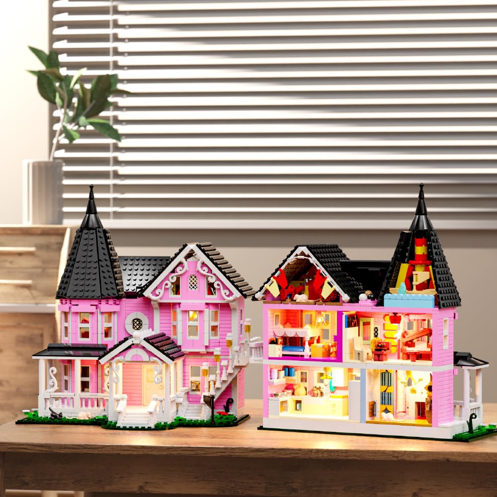 Pink Palace House Building Set with Lights, Halloween Haunted House Blocks Toy, Halloween House Kit for Kids Adults,Christmas for Girls and Boys, Aged 8+ (1349PCS)