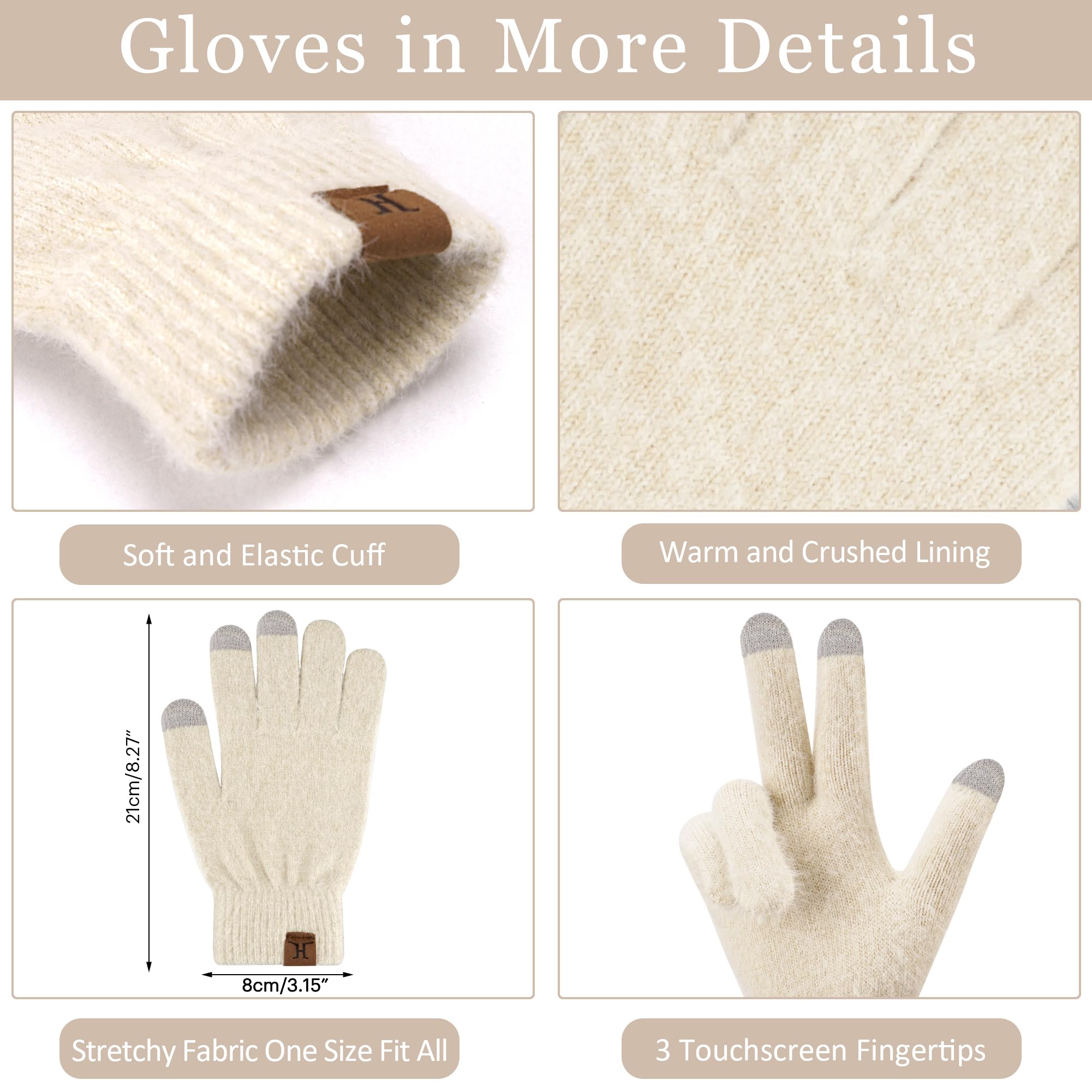 Femme Hiver Chaud Tricoter Bonnet Chapeau Gants Tactiles Longue Echarpe Ensemble avec Doublure Polaire Casquette Crâne