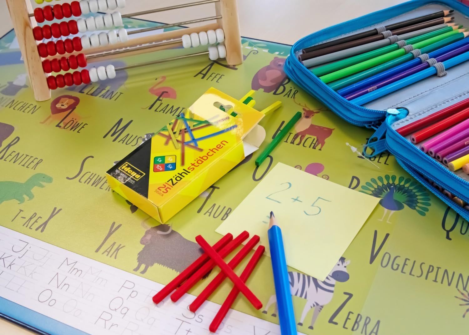 Idena 10450 Desk Mat with Two Pockets, Learning ABC, Approx. 58.5 x 38.5 cm, Practical Accessory for Children, Teenagers and Study