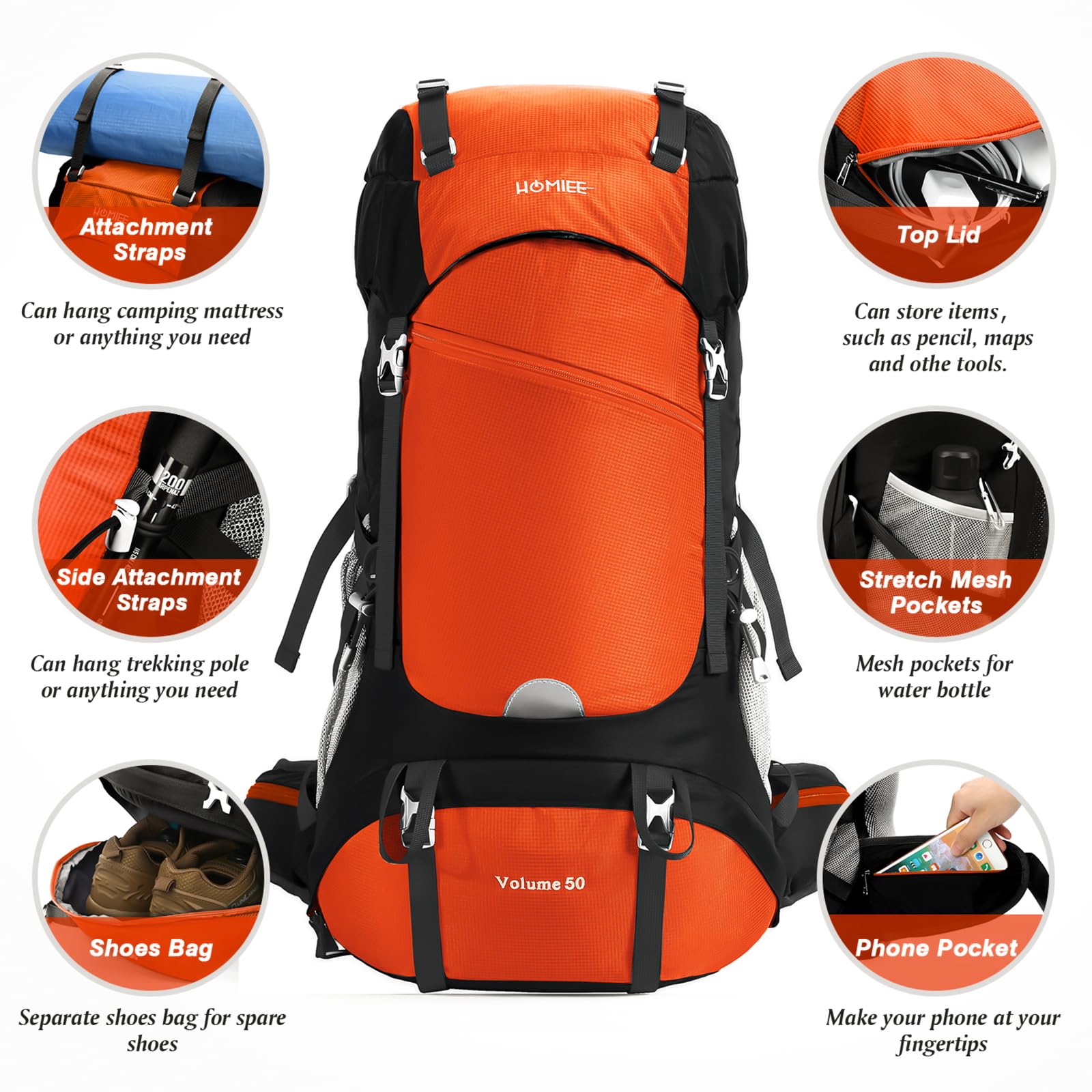 HOMIEE Wanderrucksack Herren Damen 45L Wasserdichter Rucksack Leichter Trekkingrucksack Groß Reiserucksack Sportrucksack mit Reflexstreifen für Campingplätze Radfahren Bergsteigen Reisen