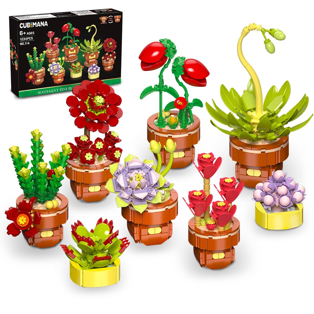 8 Flowers Succulents Small Plants Building Kits - 1234-Piece Botanical Set Potted Plants for Flower Lovers, Bonsai Tree Building Block Toy Flora Cactus Construction Project Gifts for Adults Girls