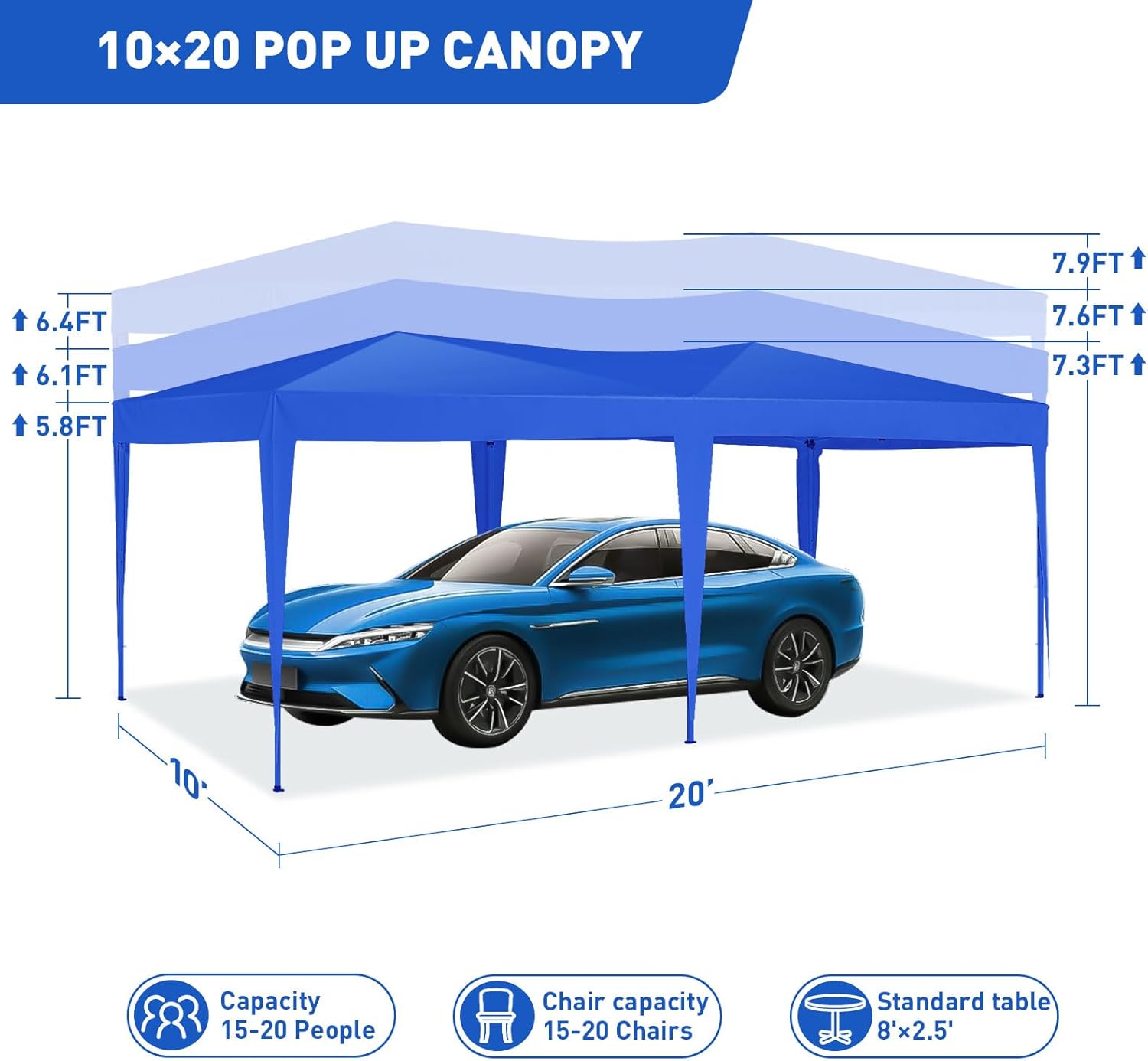 10'x20' Pop Up Canopy Tent Heavy Duty, Outdoor Enclosed Canopy with 6 Sidewalls, 4 Sandbags and Carrying Bags, Party Tent for Wedding, Event, Markets, Waterproof (Blue)
