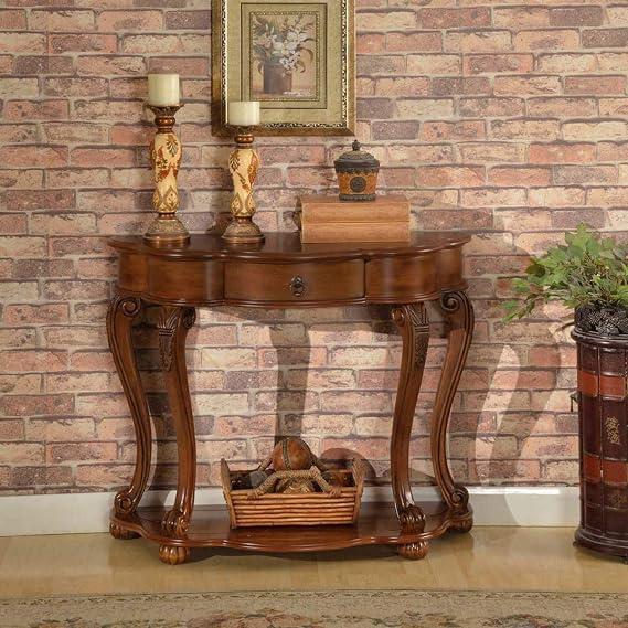 All Things Cedar Classic Accents HF024 Old World Entryway | Cherry Wood Console Table | Birch Veneer, Solid Wood Legs, Interior Drawer | Elegant Wooden Entry Table 35x15x30